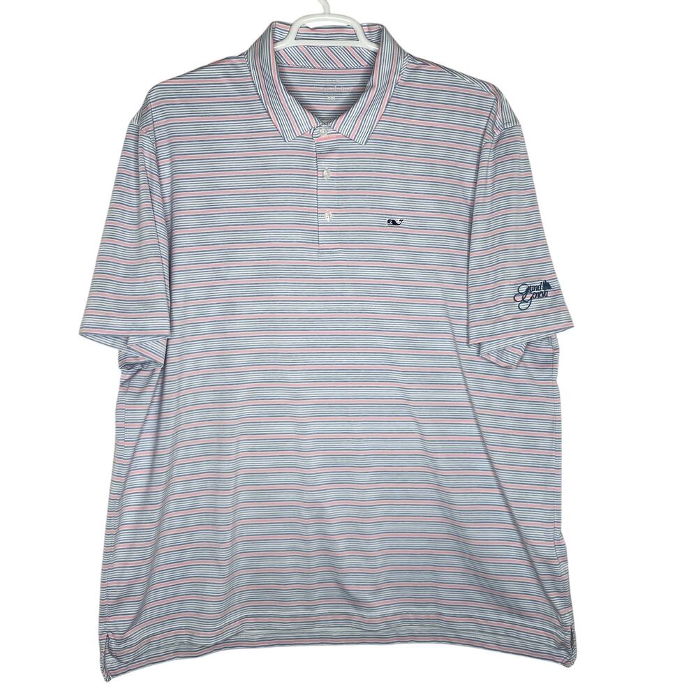 Vineyard Vines Tri Bradley Polo Shirt Blue Striped Performance 2XL Grand Geneva